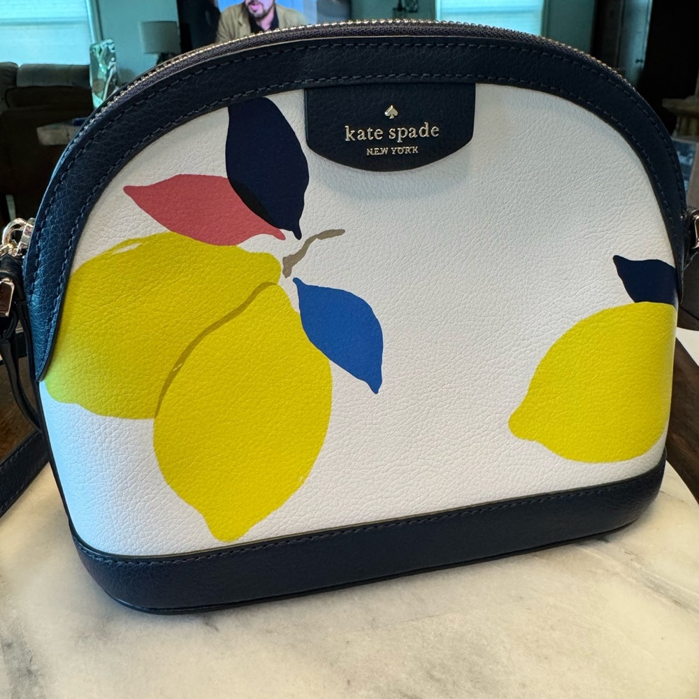 kate spade Lemon Print Dome Crossbody – White, Navy & Yellow